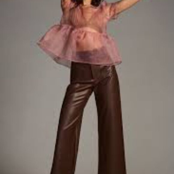 Maeve Anthropologie Colette Faux Leather Wide Leg Cropped Pants Brown SZ 28 NWOT - Picture 2 of 16